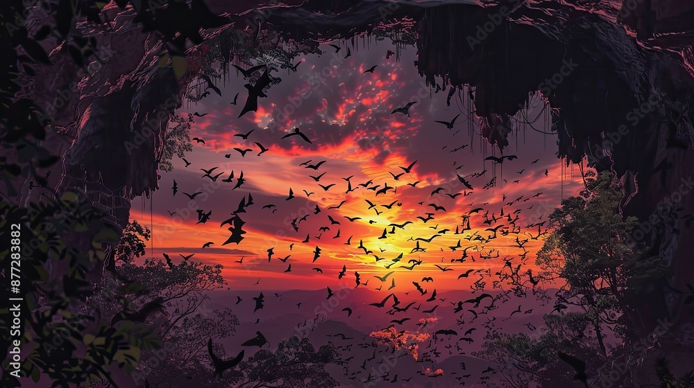 Battambang sunset with a colony of bats streaming out of a cave, sky painted in colors Battambang sunset with a colony of bats streaming out of a cave, sky painted in colors