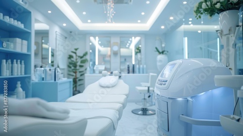 A beauty technician using 3D skin analysis technology, contemporary beauty clinic, clean and professional atmosphere, cool blue and white theme, emphasizing advanced expertise.  photo