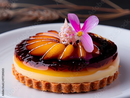 Exquisite Tart with Exotic Flavors and Elegant Sugar Sculpture photo