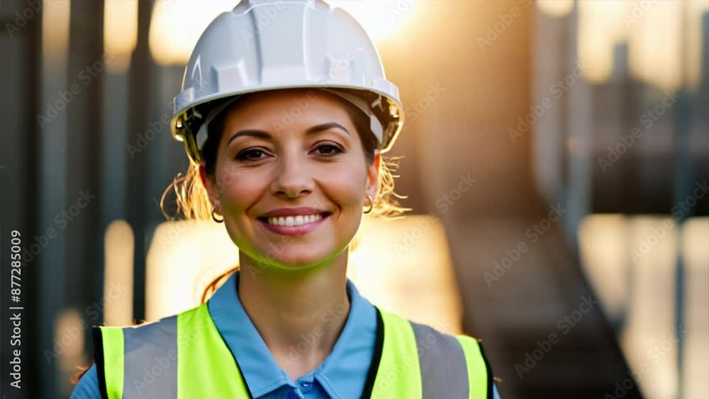 A smiling female engineer in a yellow hard hat, working at petrol and gas pipeline A smiling female engineer in a yellow hard hat, working at petrol and gas pipeline