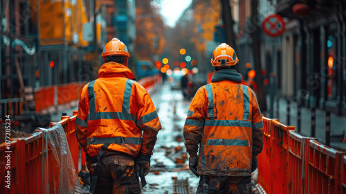 Construction workers performing a safety check together before starting the day's work at the construction site. © Wararat