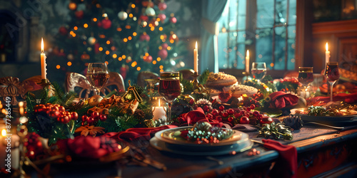 Fondo navideño de una casa con una mesa velas y pino decorados para navidad photo