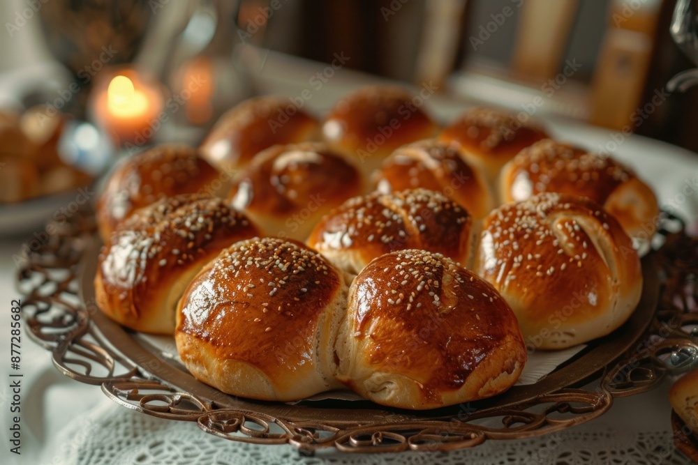 Fresh from the oven, bread rolls topped with sesame seeds sit cooling on a platter Fresh from the oven, bread rolls topped with sesame seeds sit cooling on a platter