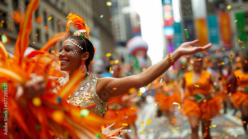 A woman in a costume is dancing in the street with confetti falling around her