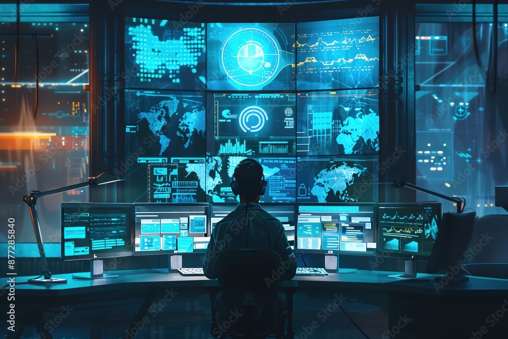 Person in a dark room monitoring multiple screens showcasing data and maps, representing cybersecurity and information technology. Person in a dark room monitoring multiple screens showcasing data and maps, representing cybersecurity and information technology.