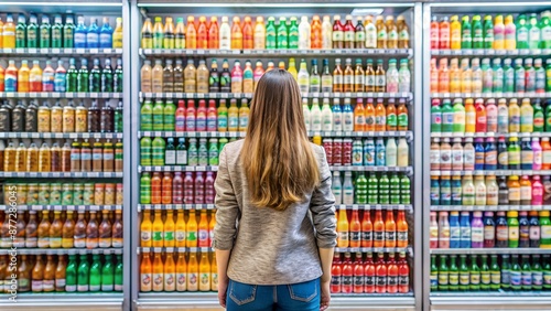 girl looking at the wall of beverages in a convenience store unable to decide what to buy because there are so many choices
