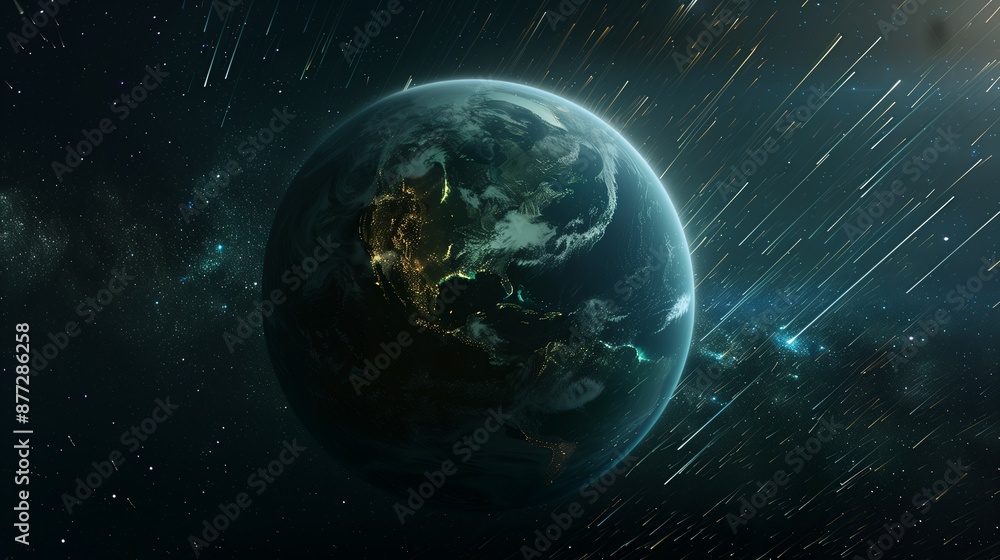 Fototapeta premium A stunning view of Earth from space, encircled by glowing light lines, the blue and green of the planet illuminated against the dark void, light trails forming a network around the