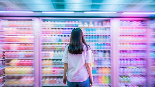 girl looking at the wall of beverages in a convenience store unable to decide what to buy because there are so many choices, blurred background