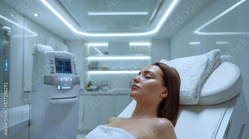 A client undergoing advanced body contouring treatment, high-tech beauty clinic, clean and professional interior, neutral color scheme, highlighting precision and effectiveness. 