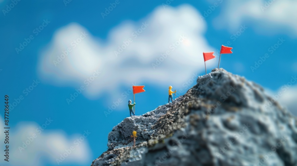 Tiny figures placing flags on a miniature mountain, with a copy space in the sky or ground Tiny figures placing flags on a miniature mountain, with a copy space in the sky or ground