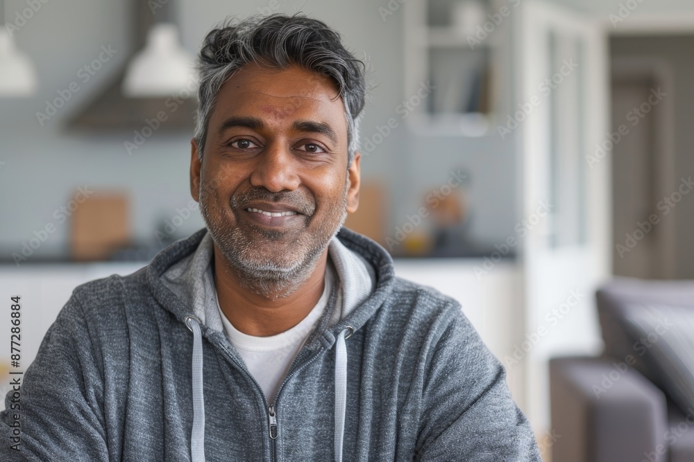 Portrait of a cheerful indian man in his 40s wearing a zip-up fleece hoodie in scandinavian-style interior background Portrait of a cheerful indian man in his 40s wearing a zip-up fleece hoodie in scandinavian-style interior background