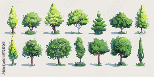 Collection of stylized green trees and shrubs for landscape and environmental design.