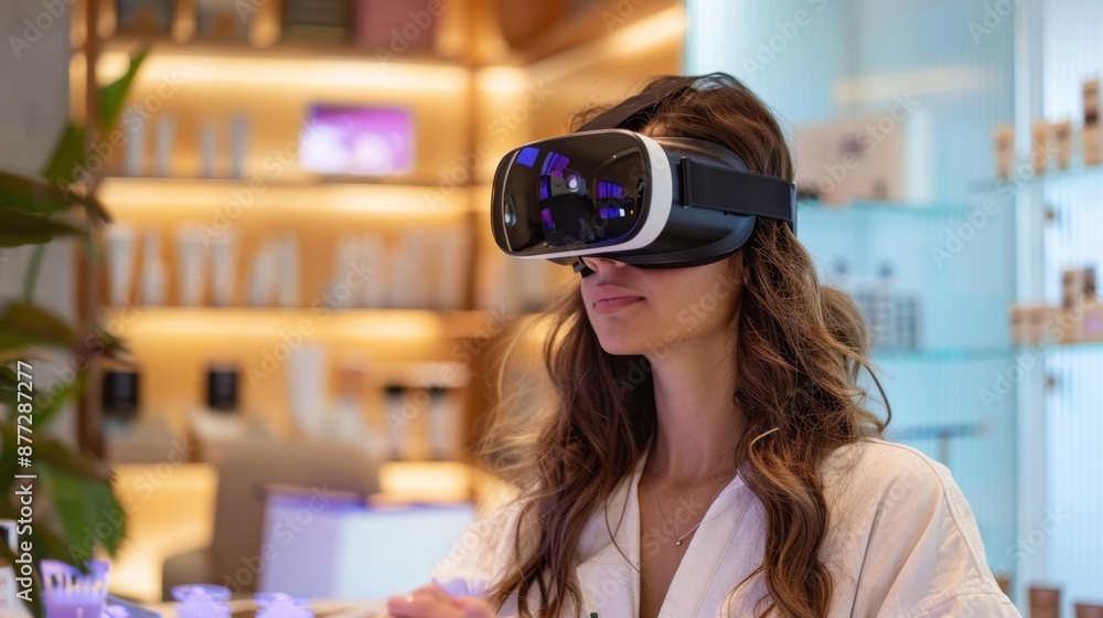 A client using VR goggles for a personalized beauty consultation, stylish and contemporary clinic setting, vibrant yet calming colors, emphasizing immersive experience. A client using VR goggles for a personalized beauty consultation, stylish and contemporary clinic setting, vibrant yet calming colors, emphasizing immersive experience.