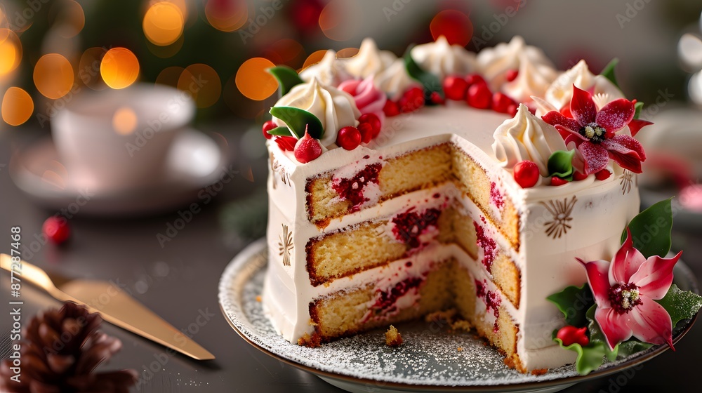 Vanilla Sheet Cake with Elegant Floral Designs and Festive Decorations Vanilla Sheet Cake with Elegant Floral Designs and Festive Decorations