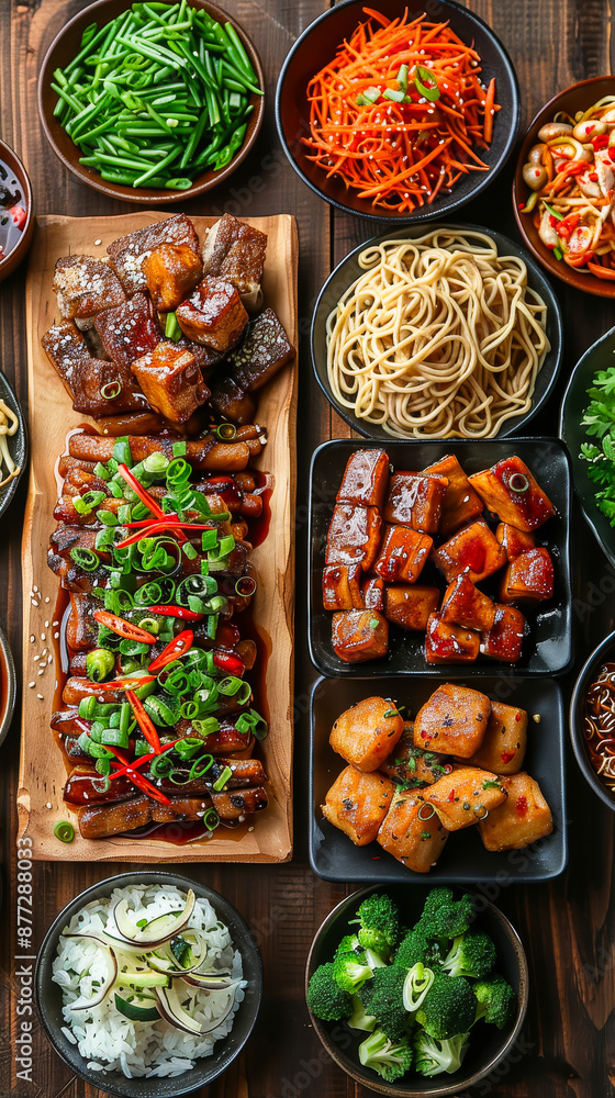 Fototapeta premium Assortment of Chinese Cuisine on Wooden Table with Various Dishes and Fresh Ingredients, Vibrant and Colorful Display of Authentic Asian Food during Meal Time