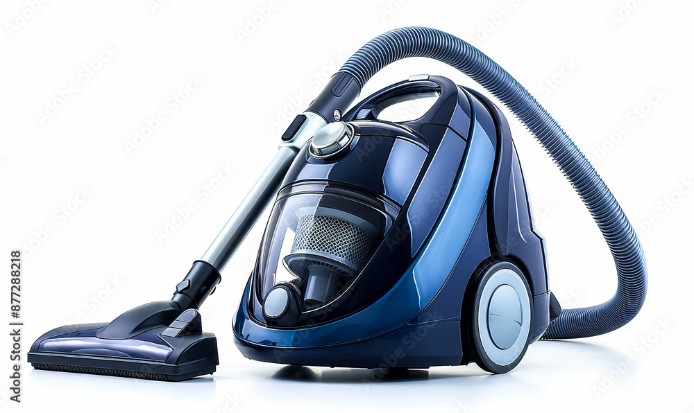 Modern Blue Vacuum Cleaner Isolated on White Background with Attachment showing Home Cleaning Equipment and Appliance Concepts