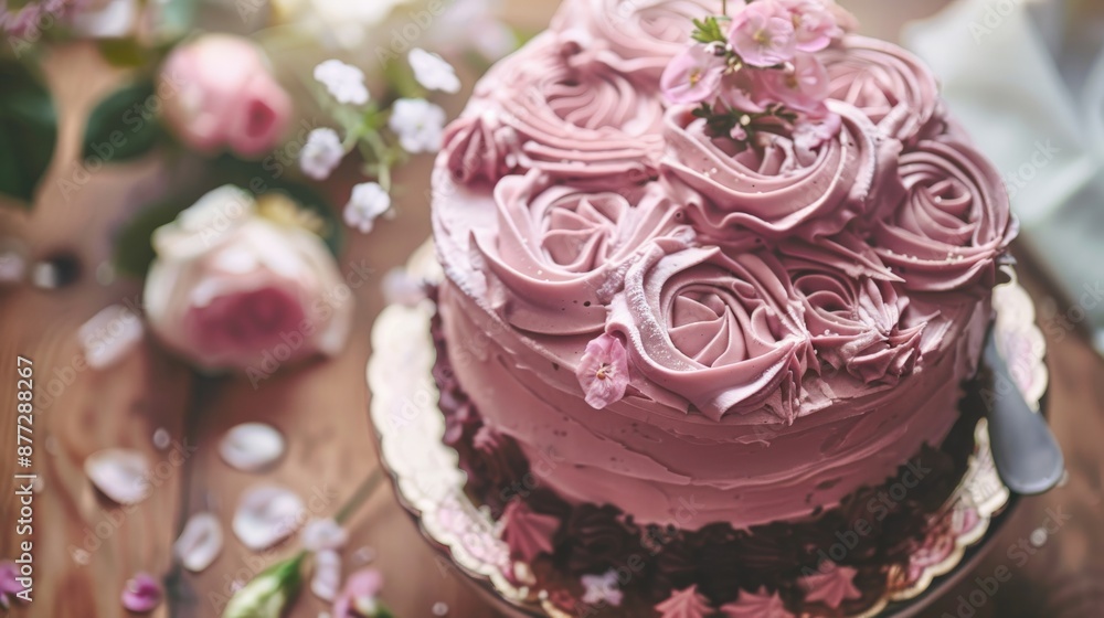 Chocolate cake, buttercream icing and icing flowers are on the table. Chocolate cake, buttercream icing and icing flowers are on the table.