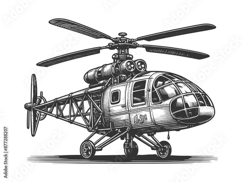  vintage-style illustration of a classic helicopter, rendered in black and white engraving technique sketch engraving generative ai vector illustration. Scratch board imitation. Black and white image.