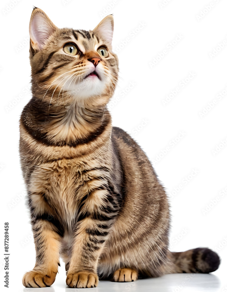 Fototapeta premium Curious tabby cat with open mouth looking up on white background. Ideal for pet products, animal care, or playful advertising.