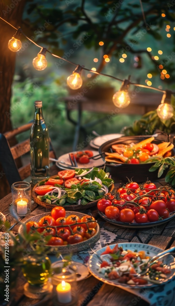 Beautiful Summer Evening Picnic Setup with Fresh Tomato Dishes and Fairy Light Illumination Beautiful Summer Evening Picnic Setup with Fresh Tomato Dishes and Fairy Light Illumination