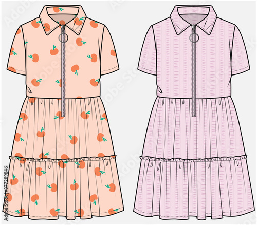 DROP SHOULDER PUFF SLEEVES DRESS WITH CENTER FONT ZIPPER DETAIL DESIGNED FOR TEEN AND KID GIRLS IN VECTOR ILLUSTRATION FILE