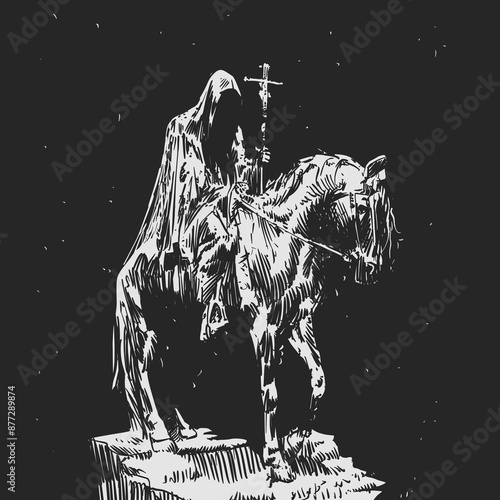 Grim Reaper Riding a Horse Holding a Cross Vector Illustration