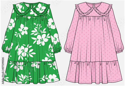 PETER PAN COLLAR DRESS WITH TIE UP DETAIL DESIGNED FOR TEEN AND KID GIRLS IN VECTOR ILLUSTRATION FILE