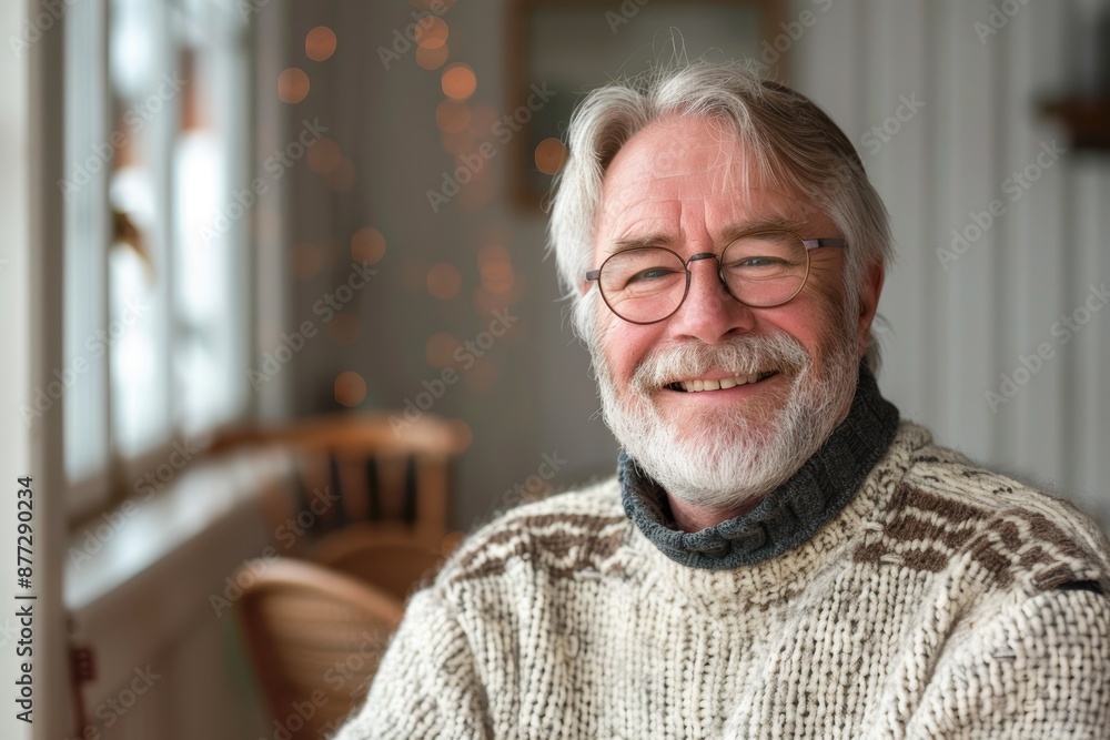 Portrait of a jovial caucasian man in his 60s wearing a cozy sweater on scandinavian-style interior background Portrait of a jovial caucasian man in his 60s wearing a cozy sweater on scandinavian-style interior background
