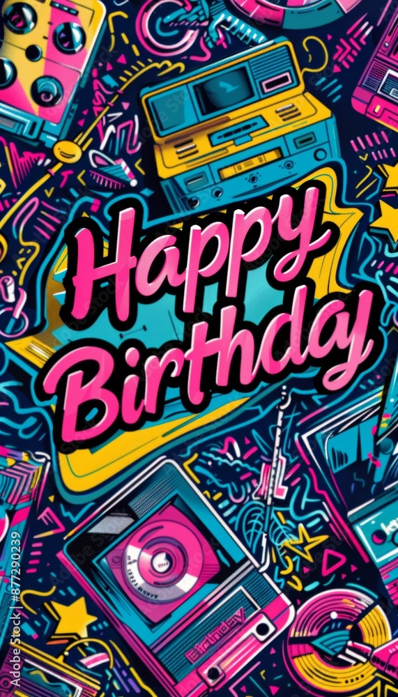 1980s Inspired Happy Birthday Background with Neon Colors and Retro Patterns for Celebrations 1980s Inspired Happy Birthday Background with Neon Colors and Retro Patterns for Celebrations