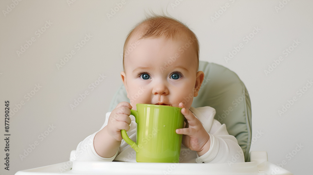 Baby Drinking from Green Cup in High Chair Baby Drinking from Green Cup in High Chair