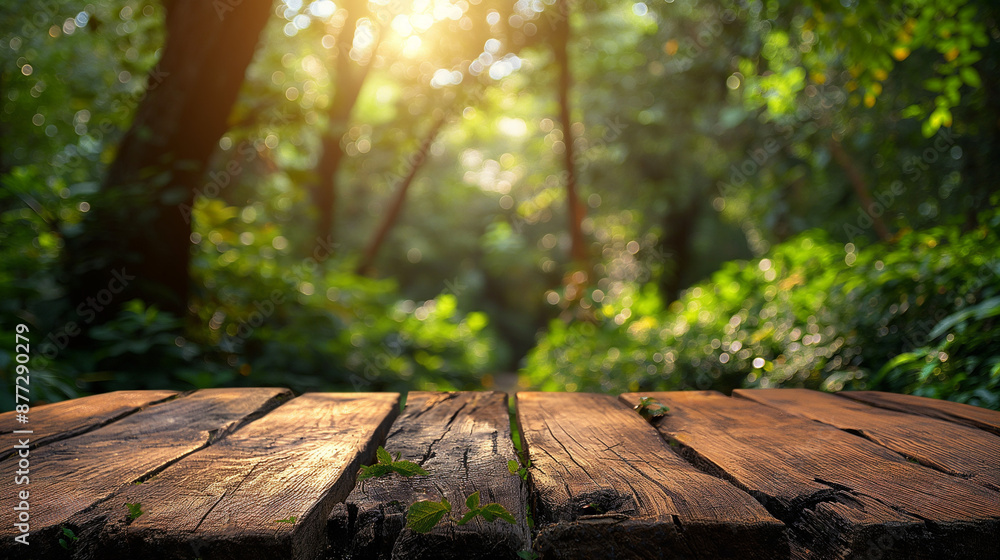 Empty wood table top with blur background of nature lush green forest. The table giving copy space for placing advertising product on the table along with beautiful green forest nature background. Empty wood table top with blur background of nature lush green forest. The table giving copy space for placing advertising product on the table along with beautiful green forest nature background.