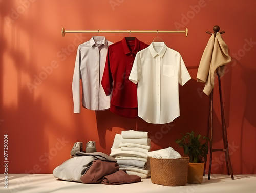Laundry service, Ironing on clothes, hygiene and cleaning clothes on washing machine, Housekeeping lifestyle, housework concept, Laundry and dry cleaning business