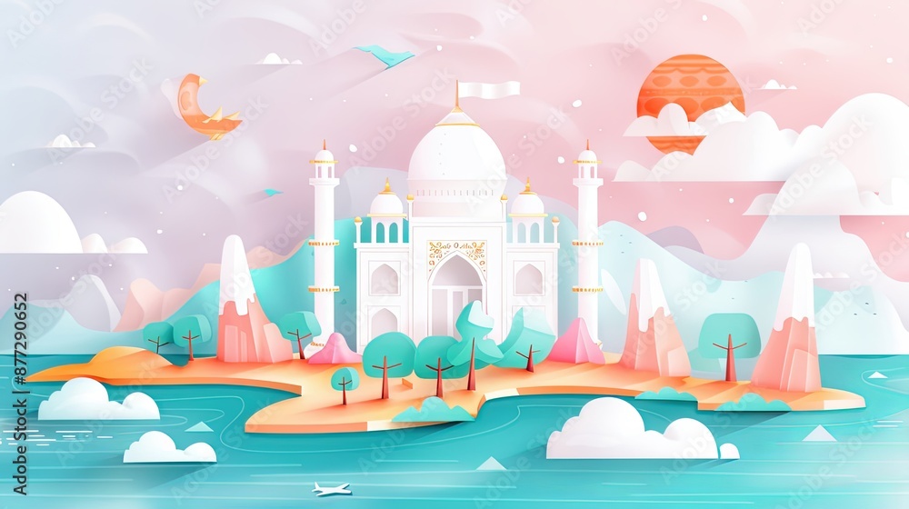 Paper Cutout Style Illustration of Taj Mahal on Indian Independence Day with Cloudy Sky and Lush Greenery - Celebrating India's Freedom and Heritage. Paper Cutout Style Illustration of Taj Mahal on Indian Independence Day with Cloudy Sky and Lush Greenery - Celebrating India's Freedom and Heritage.