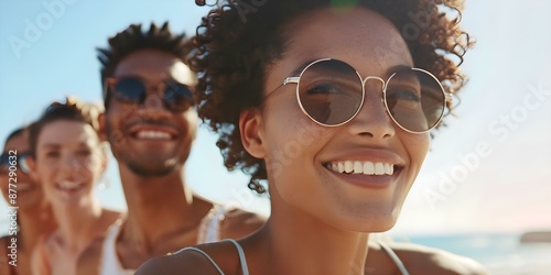 Diverse group of friends enjoying sunny day together creating memories outdoors. Concept Friendship, Diverse Group, Outdoor Fun, Sunny Day, Making Memories © Anastasiia