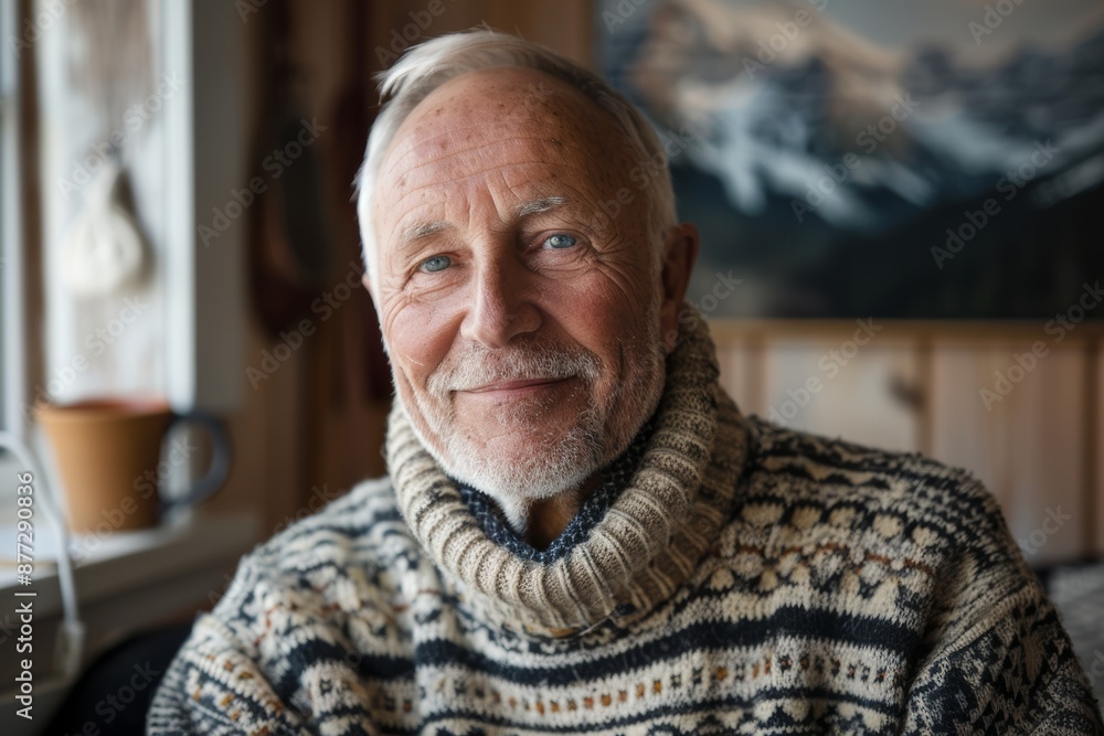 Portrait of a jovial caucasian man in his 60s wearing a cozy sweater over scandinavian-style interior background Portrait of a jovial caucasian man in his 60s wearing a cozy sweater over scandinavian-style interior background