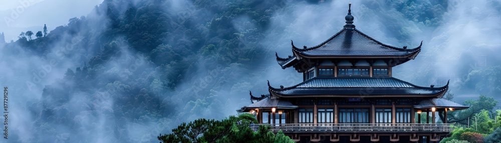 Fototapeta premium Serene Buddhist temple in misty mountains