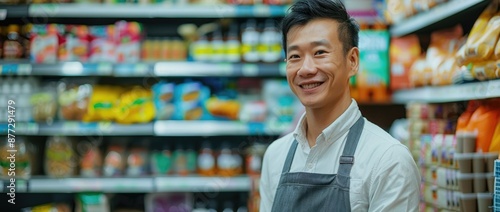 Asian male supermarket worker in an apron smiling at the camera