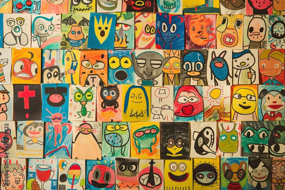 A cartoon style illustration of children s drawings pinned to a wall ...