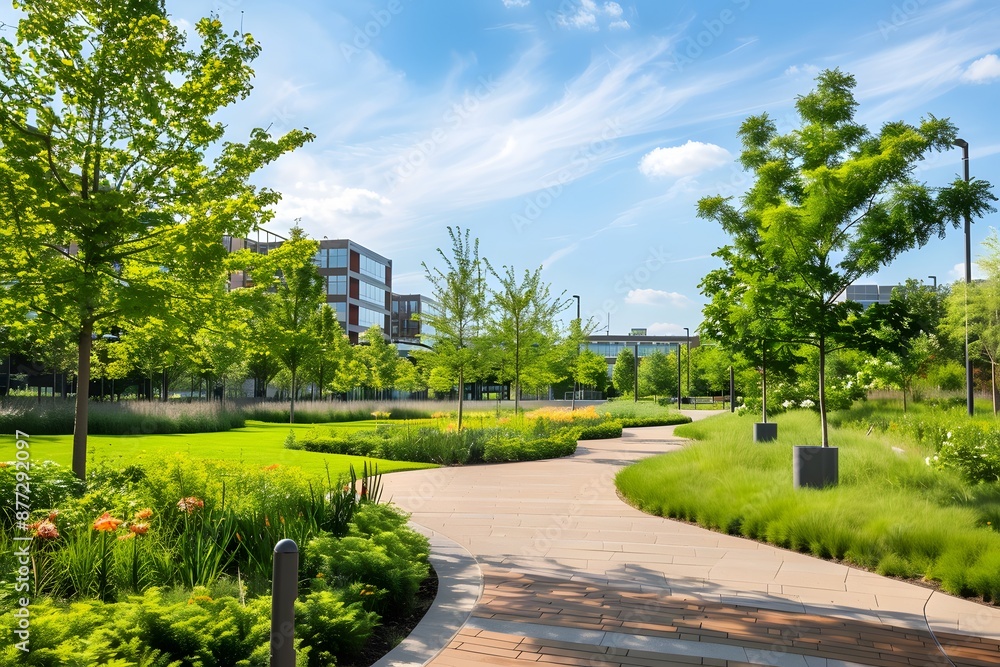 Landscaped Park Pathway in Front of Office Buildings Landscaped Park Pathway in Front of Office Buildings