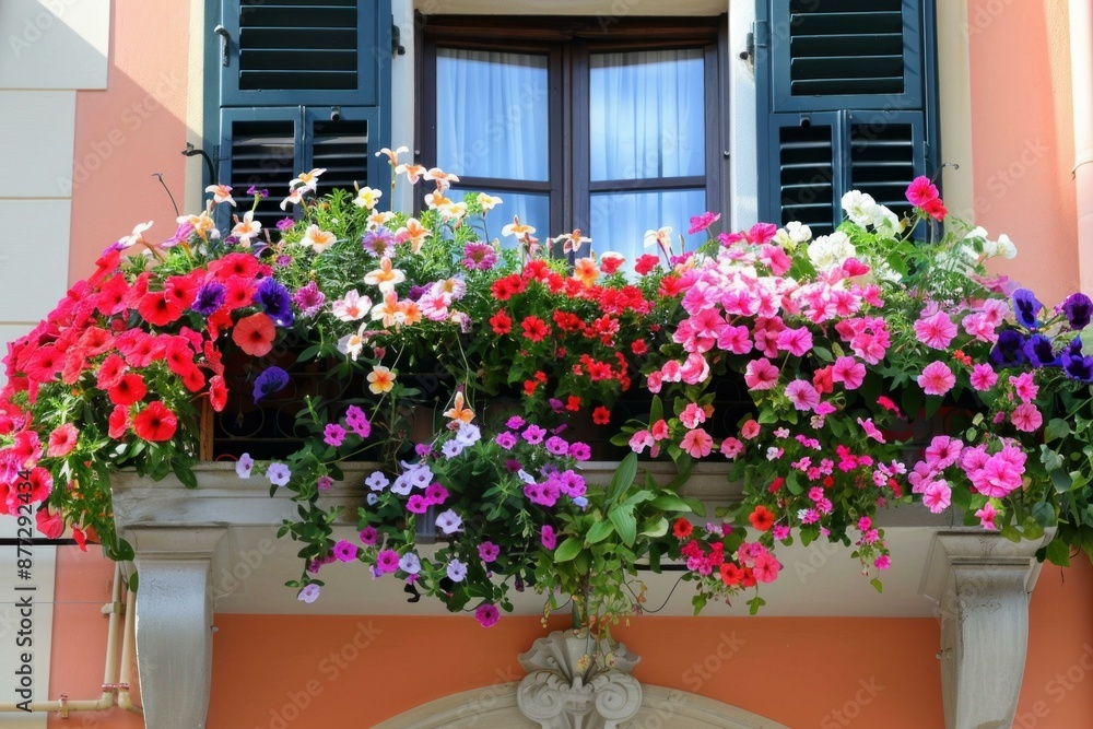 Mix of colorful flowers growing on a balcony Mix of colorful flowers growing on a balcony