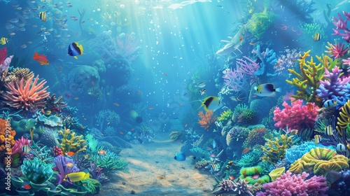 Vibrant Underwater Coral Reef Scene with Tropical Fish for Aquatic Celebrations and Designs © spyrakot