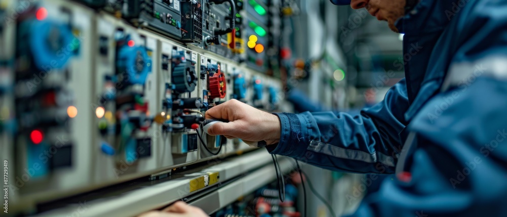 Obraz premium An engineer working on a complex electrical panel.
