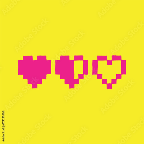 Hand drawn pixel health bar hearts. Vector illustration