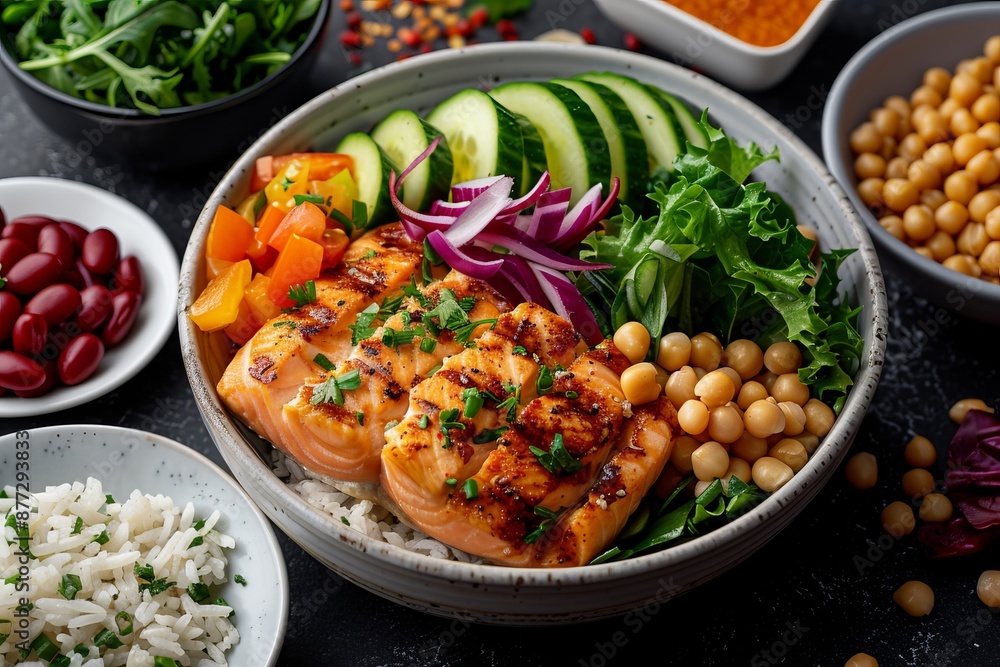 A colorful and healthy salmon bowl with rice, chickpeas, cucumbers, and greens. A colorful and healthy salmon bowl with rice, chickpeas, cucumbers, and greens.