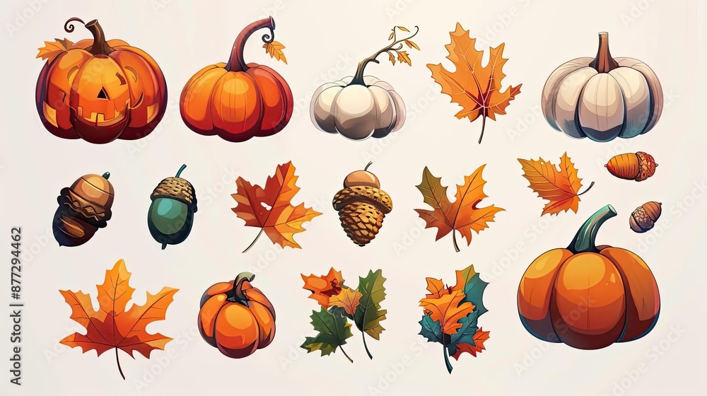 Autumn-themed illustrations featuring pumpkins, acorns, and fall leaves in various colors, perfect for seasonal design projects. Autumn-themed illustrations featuring pumpkins, acorns, and fall leaves in various colors, perfect for seasonal design projects.
