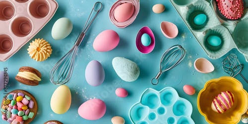 Topdown view of kitchen utensils Easter eggs baking molds and cookies. Concept Flat Lay Photography, Kitchen Essentials, Baking Supplies, Easter Decor, Culinary Creativity