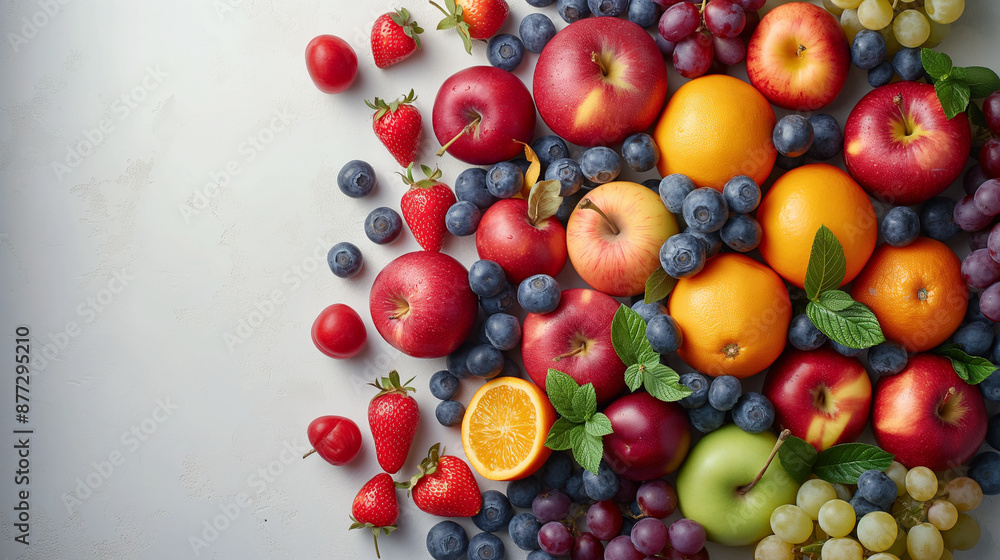 Fruits that are beneficial for health, along with accessories and healthy food ingredients isolated on a white background. Top view. Copy space for text. Generative AI Illustrations. Fruits that are beneficial for health, along with accessories and healthy food ingredients isolated on a white background. Top view. Copy space for text. Generative AI Illustrations.