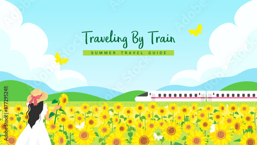 Traveling by train, Summer travel guide vector illustration. Woman watching railway train running through sunflowers field