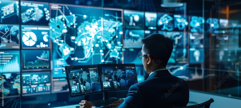 Global Connectivity Virtual Conference with High-Tech Multi-Screen Display - Business Meeting Concept Global Connectivity Virtual Conference with High-Tech Multi-Screen Display - Business Meeting Concept