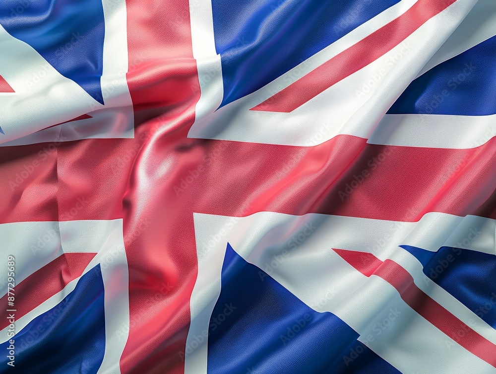 Cinematic British flag, close-up, flowing motion, blue emphasis, detailed texture, 4K definition, focus cover all object, deep dept of field